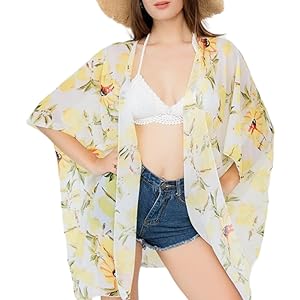 Elu ♥ Women's Beach Cover up Swimsuit Kimono Cardigan Casual Tops with Bohemian Floral Print