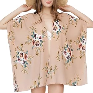 Elu ♥ Women's Beach Cover up Swimsuit Kimono Cardigan Casual Tops with Bohemian Floral Print