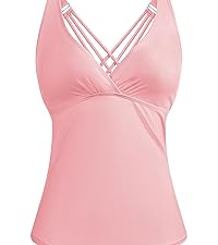 Dipinon womens pink v neck ruched tummy control tankini top bathing suit top no bottom swim tops