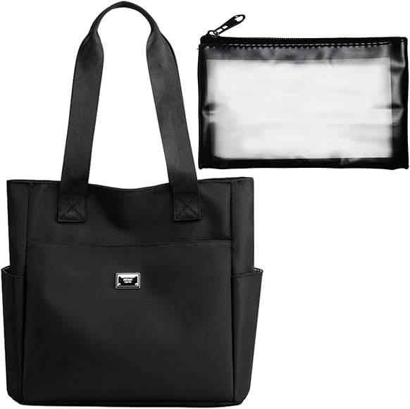 1 bolso de mano para mujer y 1 bolsa de cosméticos, bolso de mano impermeable de gran capacidad, bolso de compras con compartimento de nailon, adecuado para la escuela, desplazamientos, (negro)