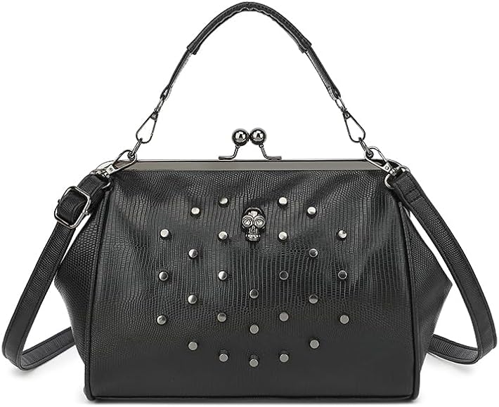 Wivmypog Bolso de mano Vintage hueco para mujer, de piel sintética, con cierre de beso, remache, Calavera, bolso de hombro tipo bandolera, bolso de mano de noche