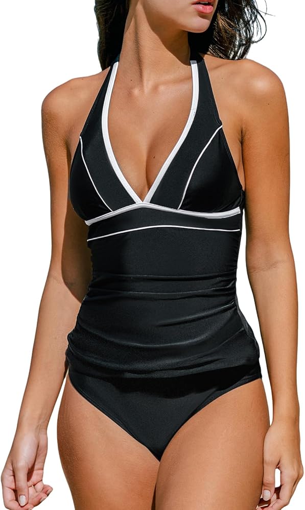 CUPSHE Women's Tankini Sets Two Piece Swimsuit Halter Straps Plunging Neck Mid Rise Color Block