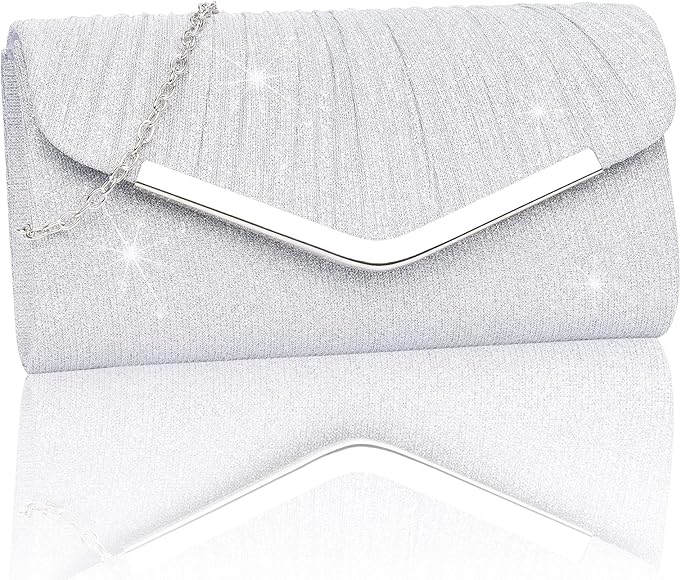 Larcenciel Bolso Fiesta Plata, Bolso Mujer Fiesta Brillante Tipo Sobre con Cadena Desmontable, Elegante Bolso de Mano de Mujer Plisado, Bandolera Mujer Moda para Boda, Fiesta, Cena, Baile, 22x5x12cm