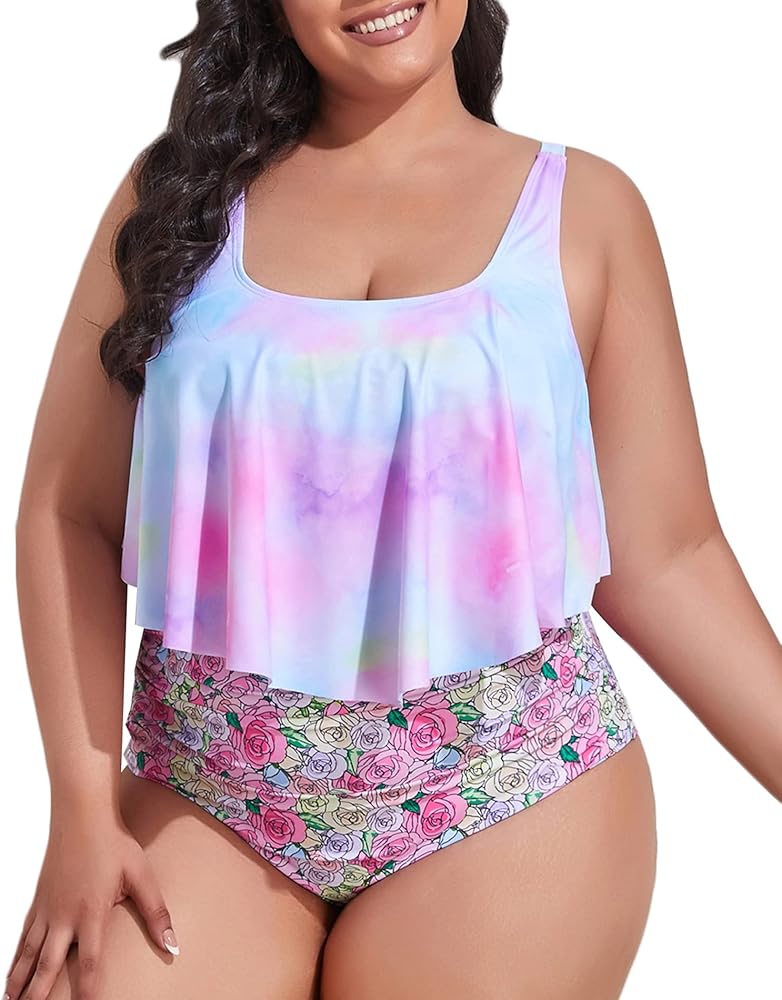 Mooncore Womens Plus Size Swimsuit High Waisted Tankini Bathing Suits Two Piece Flounce Bikini Swimsuit