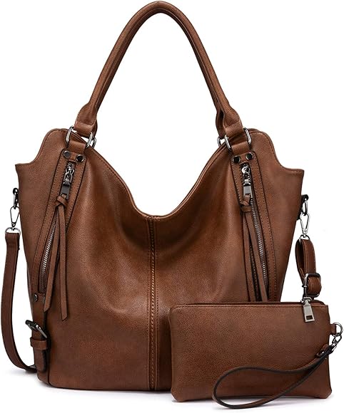 Realer Bolso Casual Grande Hobo para Mujer, Bandolera de Polipiel, Tote de Hombro, Shopper de Cuero Sintetico Monedero Carteras 2pcs Marrón
