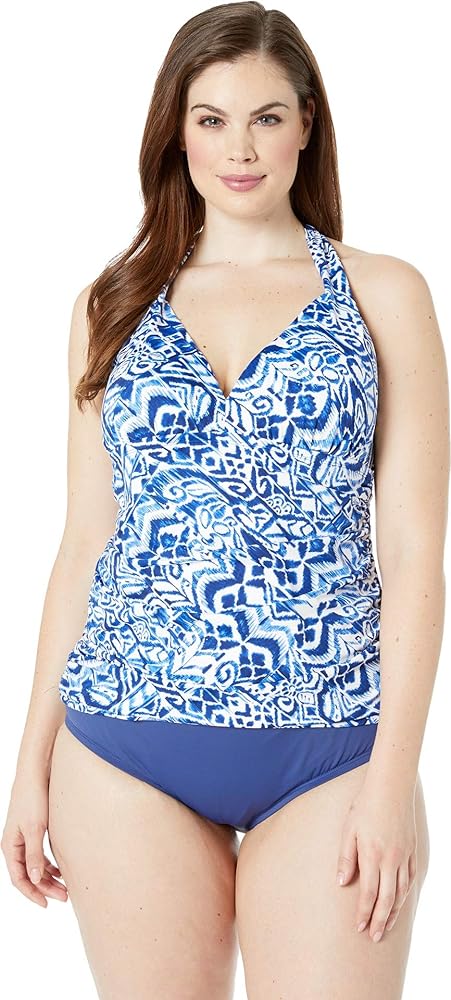 Ralph Lauren Lauren Plus Size Bias Tribal Ikat Halter Tankini Top Blue 18W