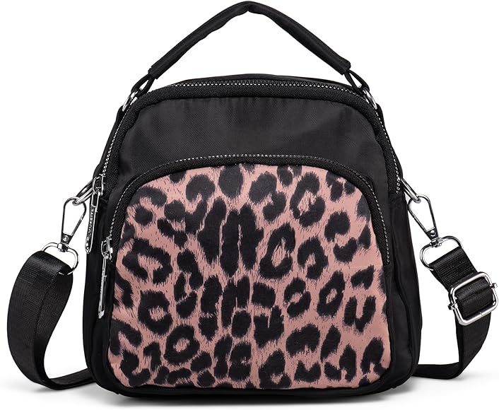 LaRechor Bolso Bandolera Pequeño - Convertibile Bolso Mujer Pequeño - Bolsa de Nailon - Elegante Bolso Bandolera Mujer Estampado de Leopardo - Múltiples Bolsillo