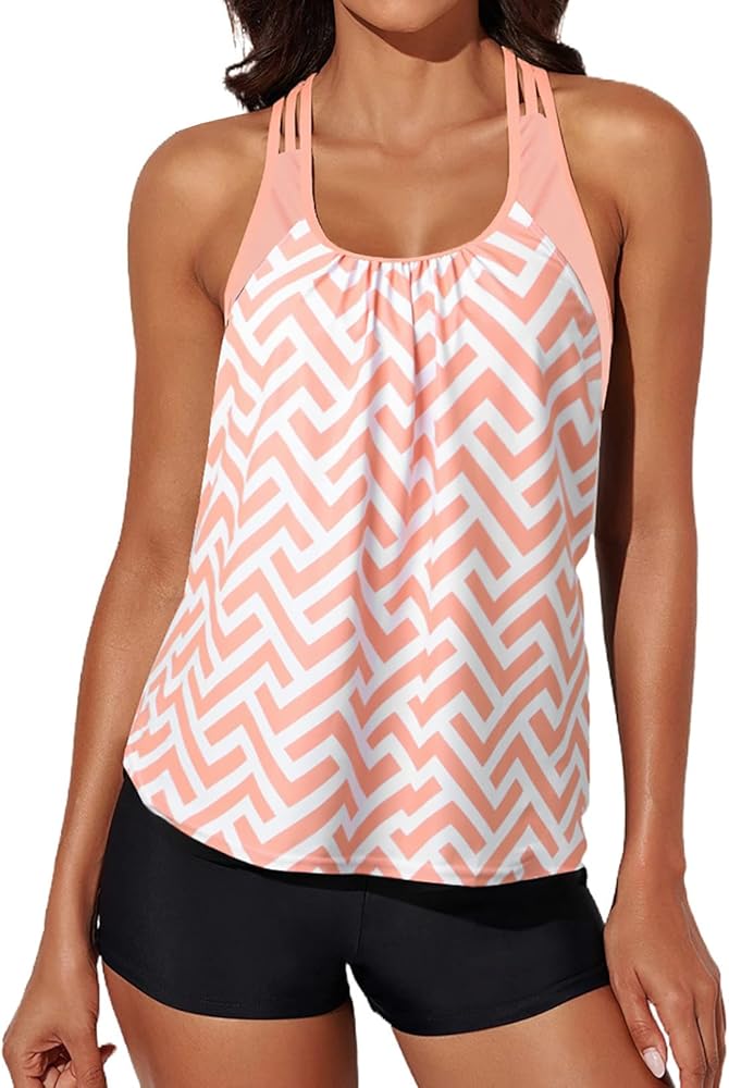 Aleumdr Womens Blouson Striped Printed Push up Strappy T-Back Tankini Top with Shorts(Available in Plus)