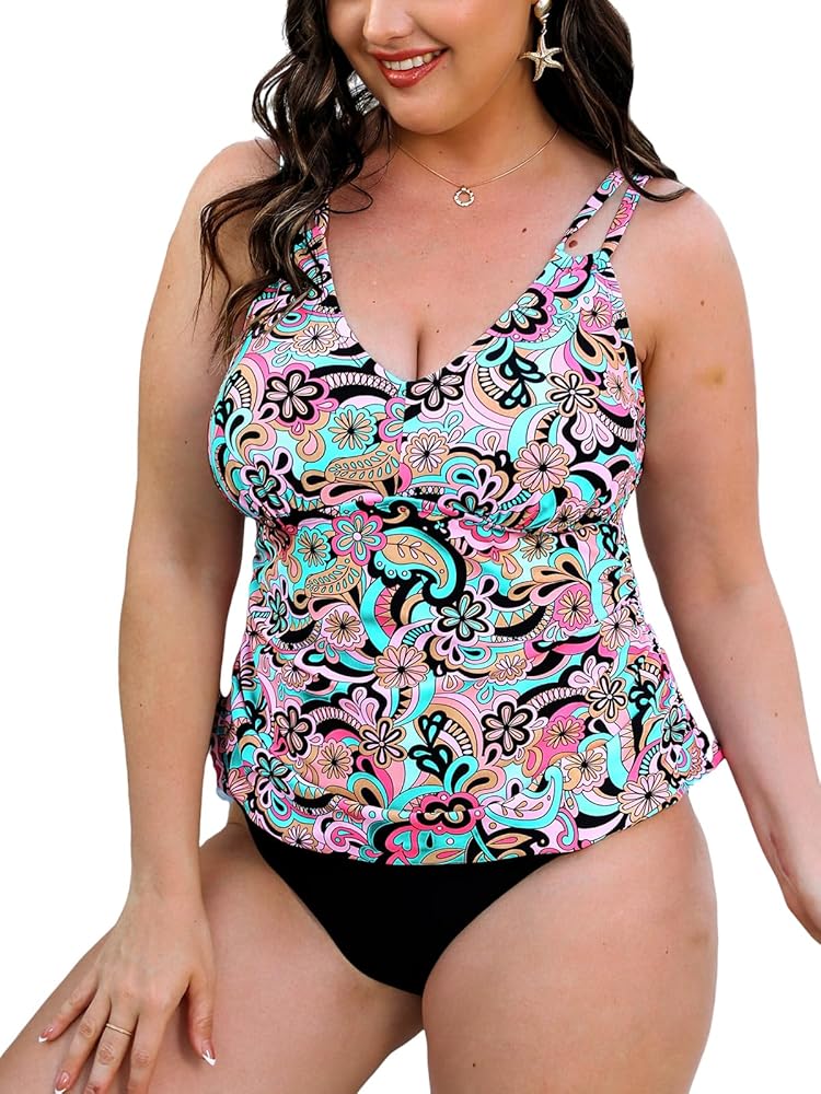 CUPSHE Women's Swimsuit Plus Size Tankini Sets V Neck Mid Rise Double Adjustable Straps Ruched Bathing Suit