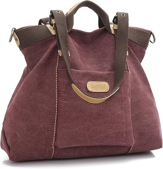 LOSMILE Bolsos de mano para mujer, Bolso de Bandolera Totes Shopper Viajar Hobo de Lona. (vino tinto)
