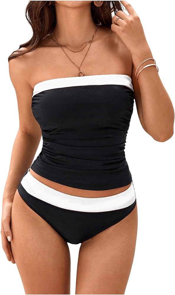 WDIRARA Women's Colorblock Strapless Ruched Bikini Set Swimsuit Two Piece Bathing Suit