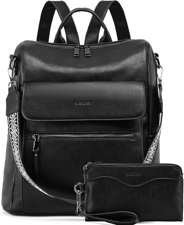 VASCHY Bolso Mochila Mujer, Mochila Antirrobo de Cuero PU Impermeable Mochila Universidad Moda con Cartera Bolso Convertible con Correa de Guitarra Bolso de Hombro para Viaje Esculea Trabajo