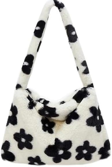 Bolso de Mano Mullido Lindo, Suave Bolso de Mullido para Mujer, Bonito Bolso Cruzado Esponjoso de Gran Capacidad, Bolso Bandolera de Felpa con Estampado Floral, Kawaii Bolsa para Mujeres, Niñas