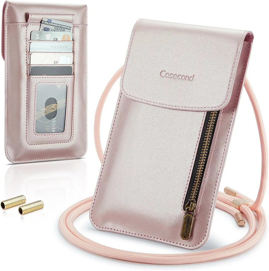Casecond Bolsos Bandolera para Mujer Hombre Carteras Universal Mini Bolso Movil Monederos con Correa Pequeño Crossbody para iPhone 15 14 11 Pro MAX Samsung Z Flip 5 5G S23 Xiaomi hasta 7.5" Oro Rosa