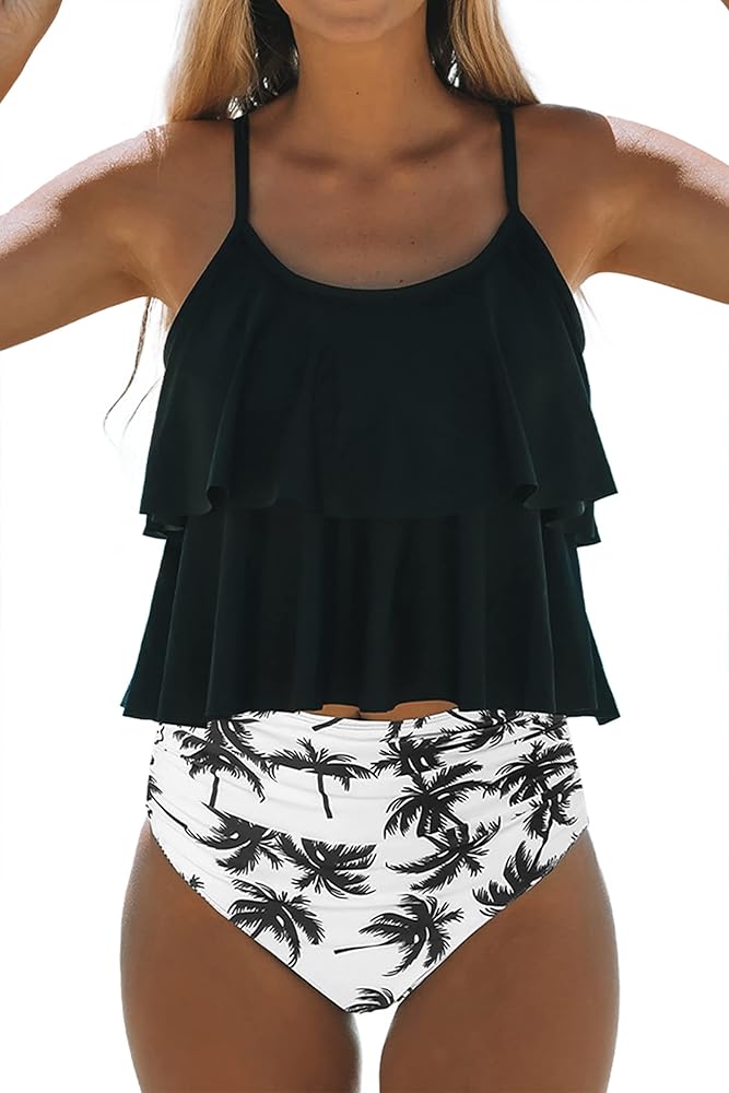 Beachsissi Women Two Layer Falbala Design Tankini Set High Waisted 2 Piece Swimsuit