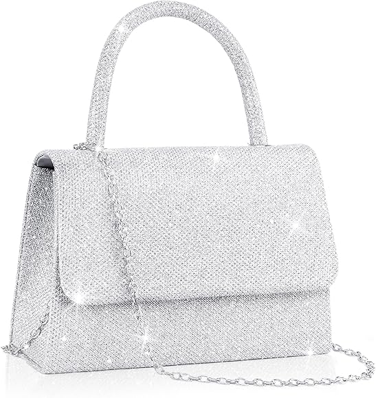 Larcenciel Bolsos Fiesta Plata, Bolso Boda en Asa Superior con Cadena, Elegante Bolso de Mano para Fiesta, Cóctele, Cita