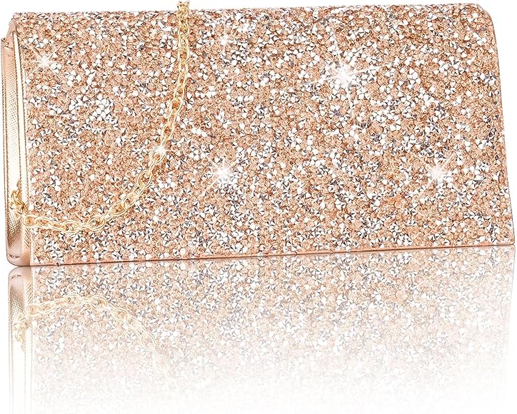 Larcenciel Bolso Fiesta Mujer, Bolso de Mano de Mujer de Pedrería de Colores Mixtos con Cadena Desmontable, Bolso Boda Clutch Dorado Champán, Moda Bandolera Mujer para Boda, Baile, Fiesta, 20x5x10cm