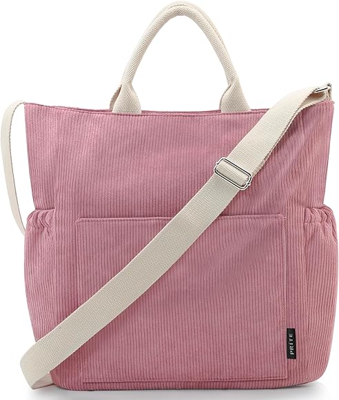 Prite Bolso de mano de pana para mujer, bolso bandolera grande con bolsillos, bolso de mano para el trabajo, la universidad, las compras