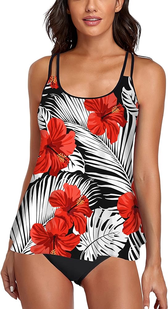 Modest Tankini Sets for Women's Swimsuits 2 Piece Athletic Bathing Suits Flowy Tank Top with Mid-Waist Bikini Bottom