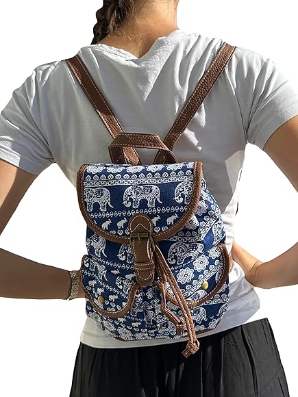MIGURA Mochila Mujer Para Viaje Estilo Hippie Tamaño Pequeño Mediano Ideal Perfecto Para Verano Dia a Dia Festivales Casual Vintage Hombre Mujer Tela Impermeable Estampado Elefantes Azul
